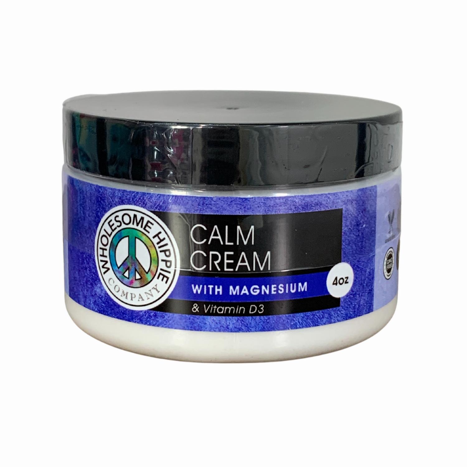 A black jar of Calm Cream with a purple label that says Calm Cream with Magnesium and Vitamin D3.