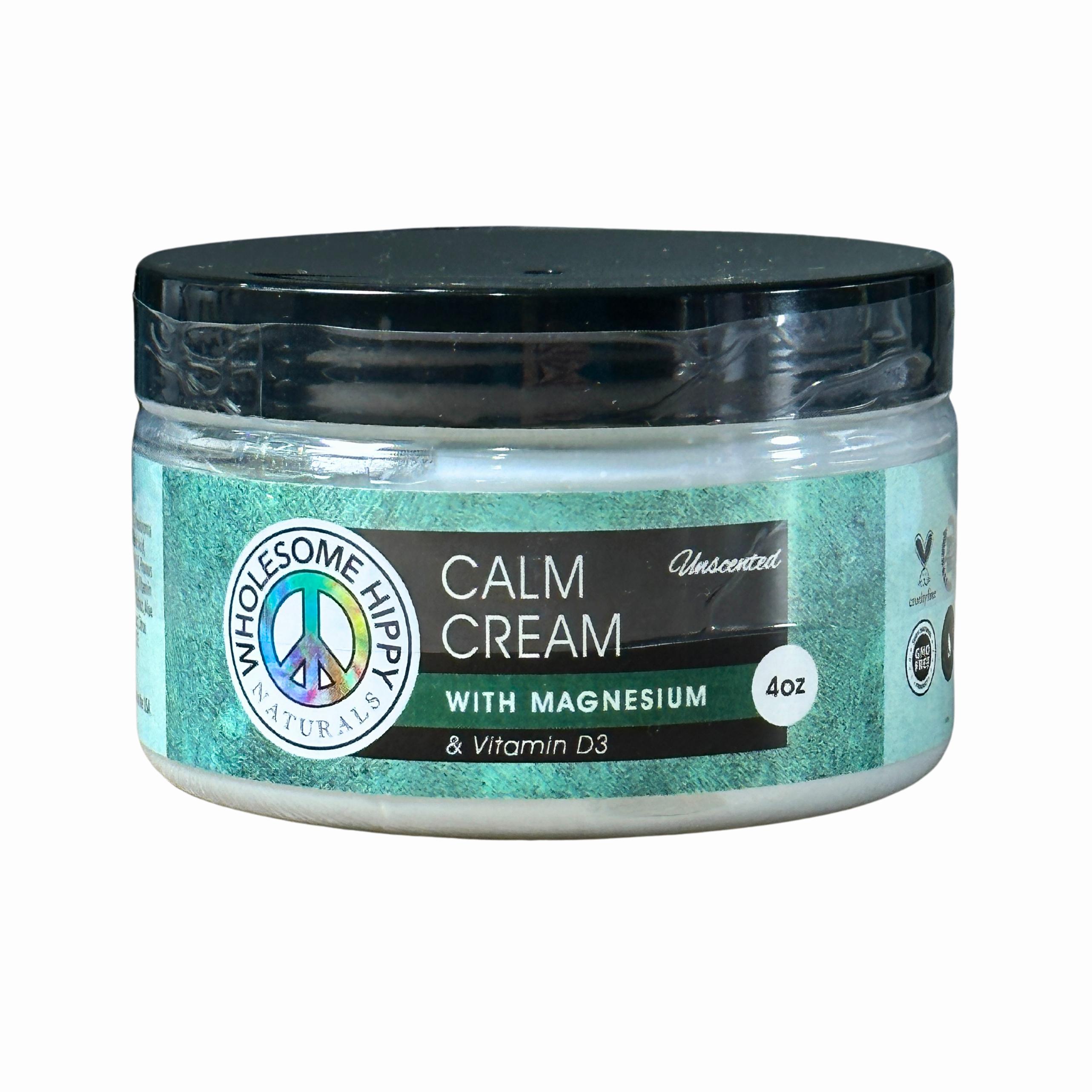 A jar of Calm Cream with magnesium and vitamin D3, labeled as unscented and cruelty-free.