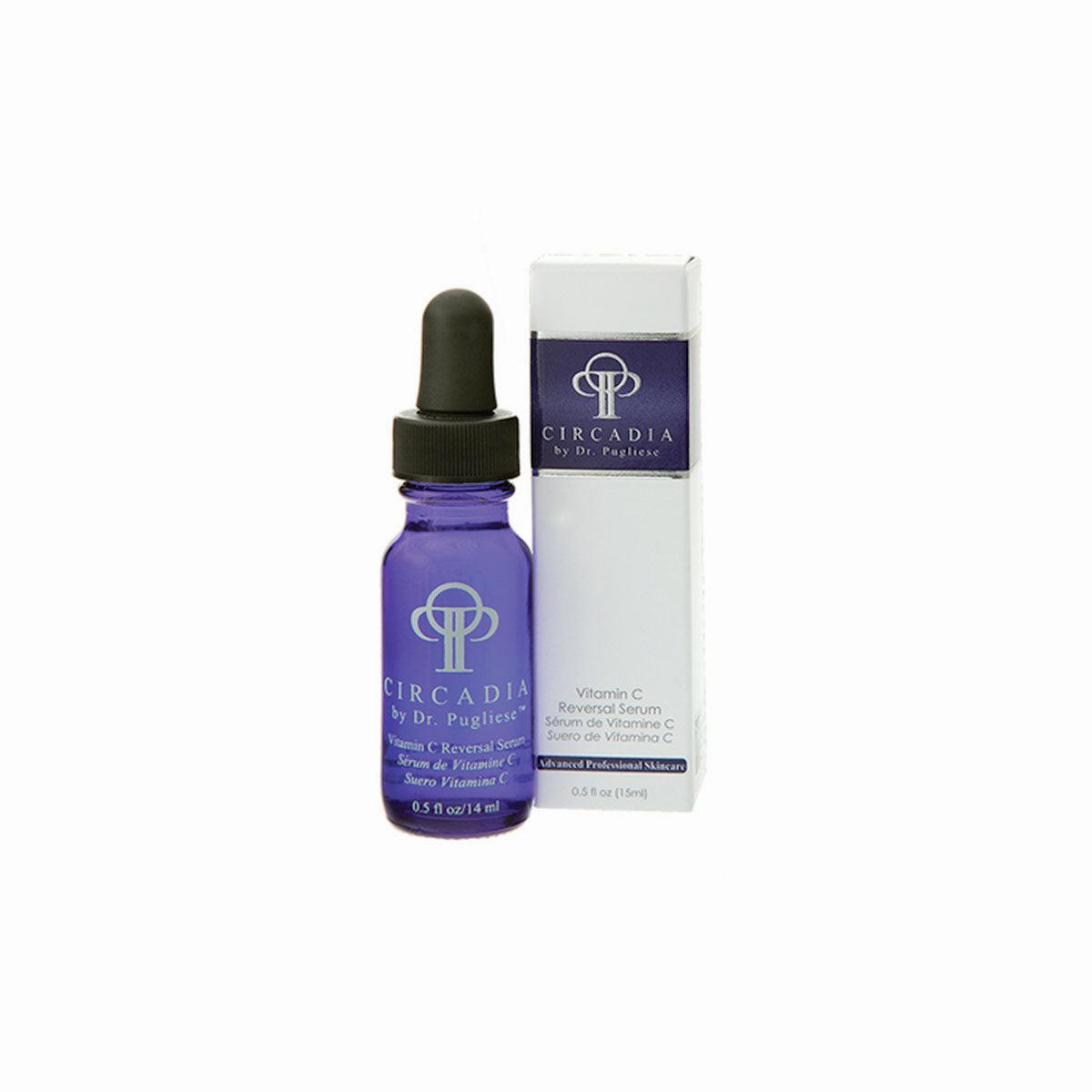 A purple glass bottle of Circadia Vitamin C Reversal Serum with a black dropper cap, and a white box with purple text.