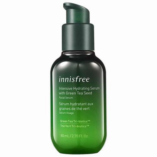 A green bottle of Innisfree Intensive Hydrating Serum with Green Tea Seed.