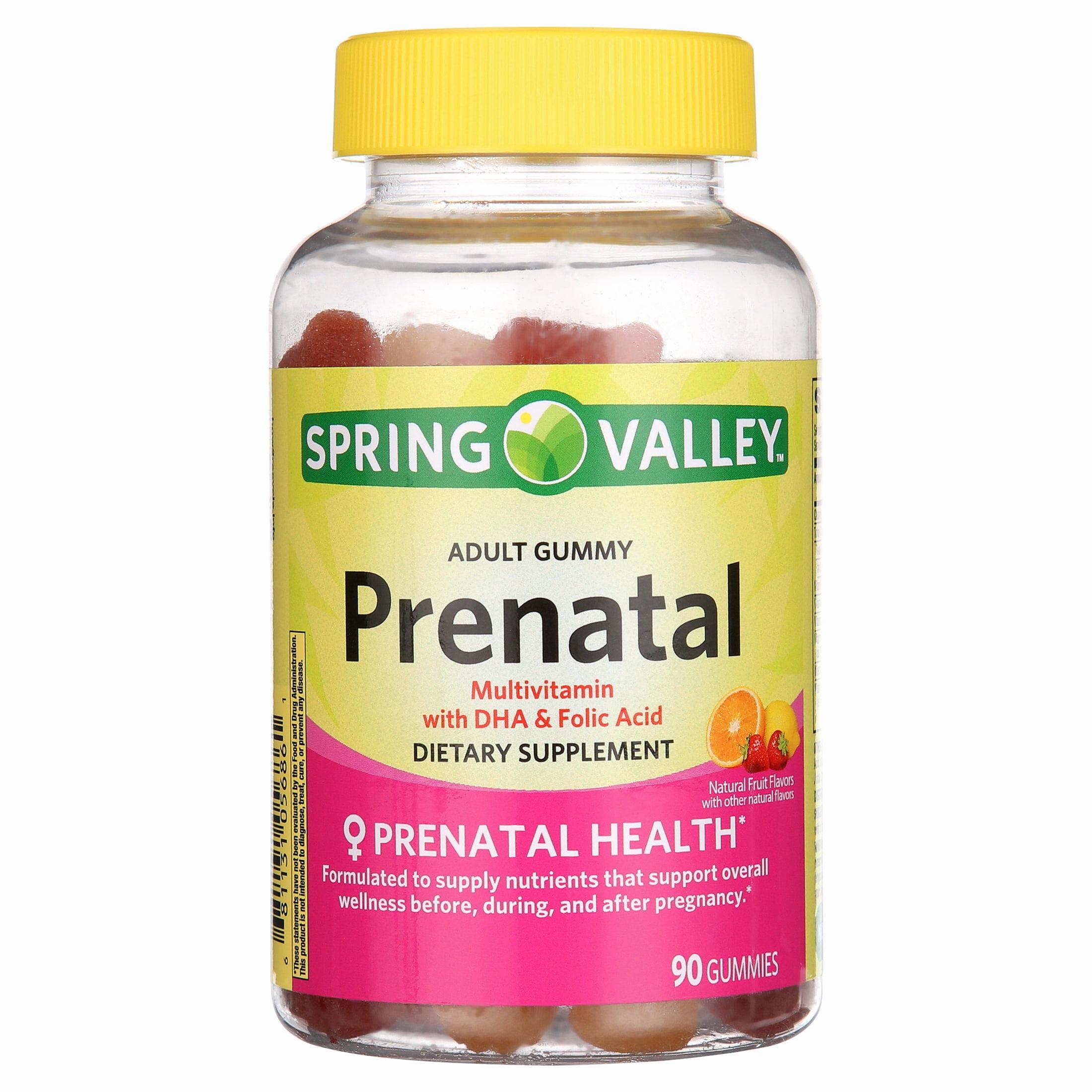A bottle of Spring Valley Adult Gummy Prenatal Multivitamin with DHA and Folic Acid.