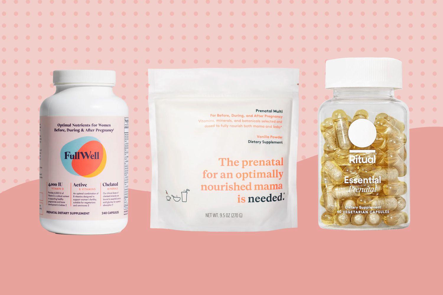 A variety of prenatal vitamins and supplements in bottles and a bag.