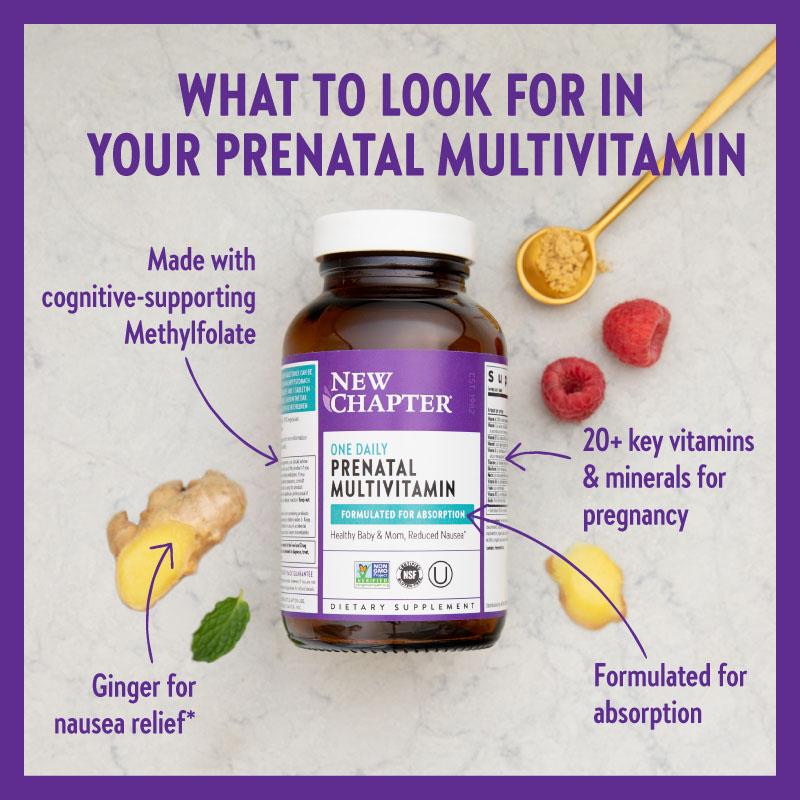 A bottle of One A Day Prenatal Multivitamin next to ginger and raspberries with text overlay stating what to look for in a prenatal multivitamin.