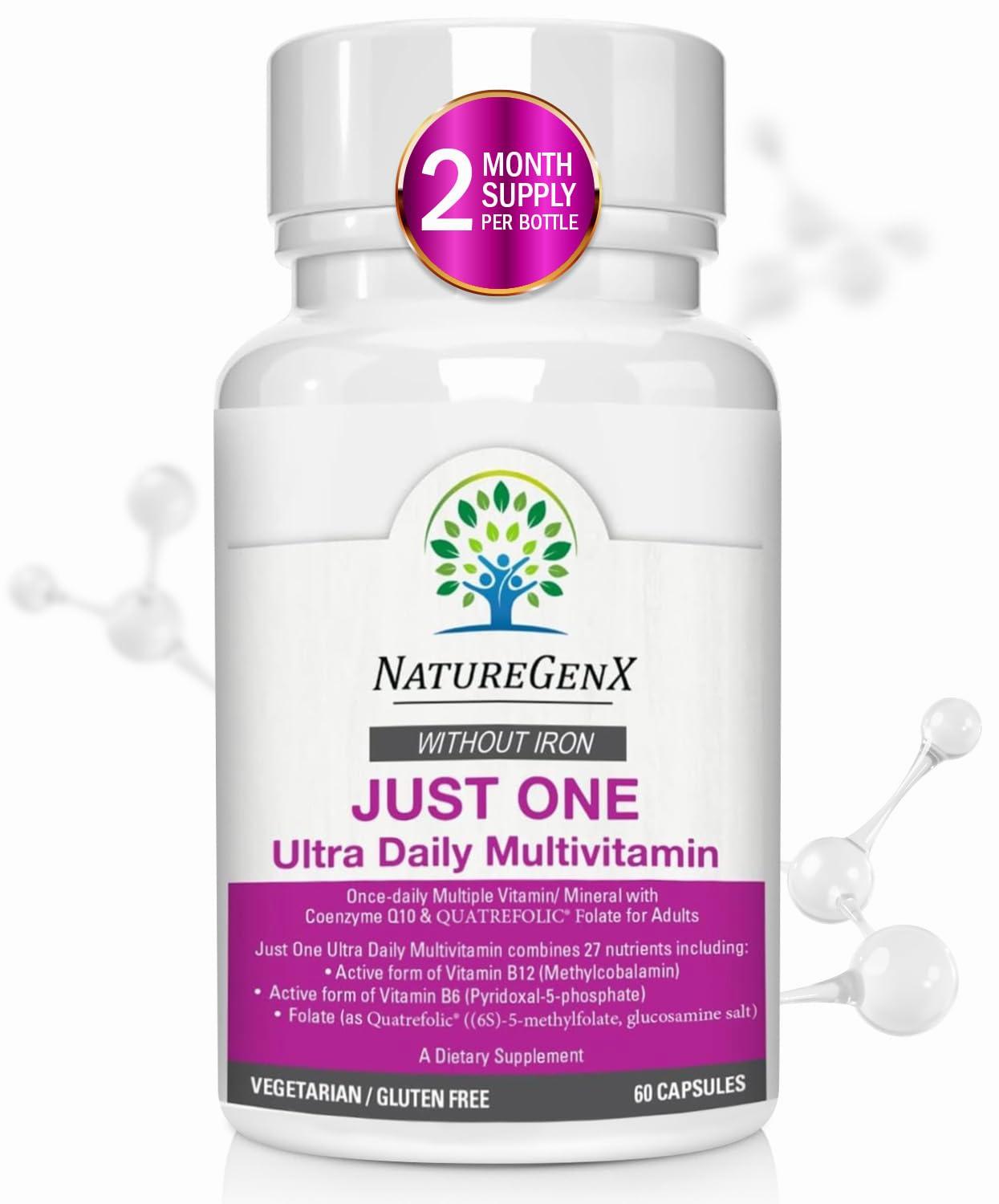 Just One is a once-daily multivitamin and mineral supplement with CoQ10 and Quatrefolic folate.