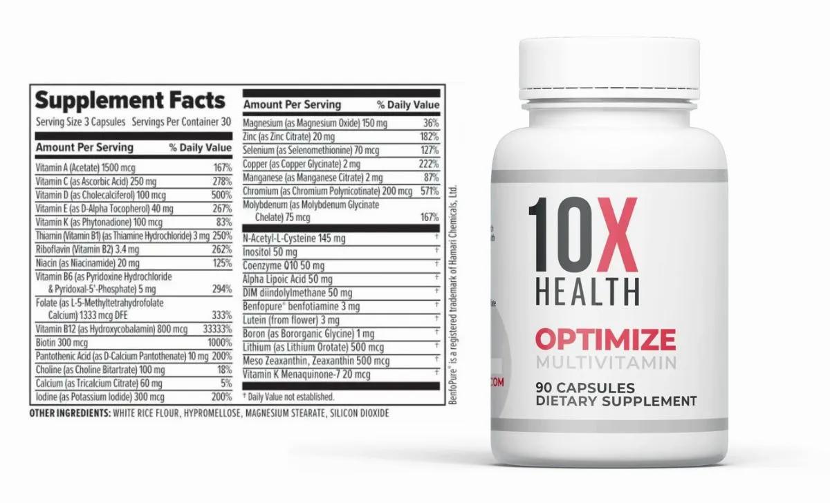 A white bottle of 10X Health Optimize Multivitamin capsules with a blue label.