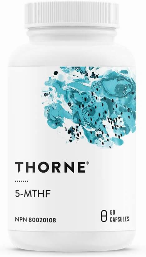 A white bottle of Thorne 5-MTHF capsules.