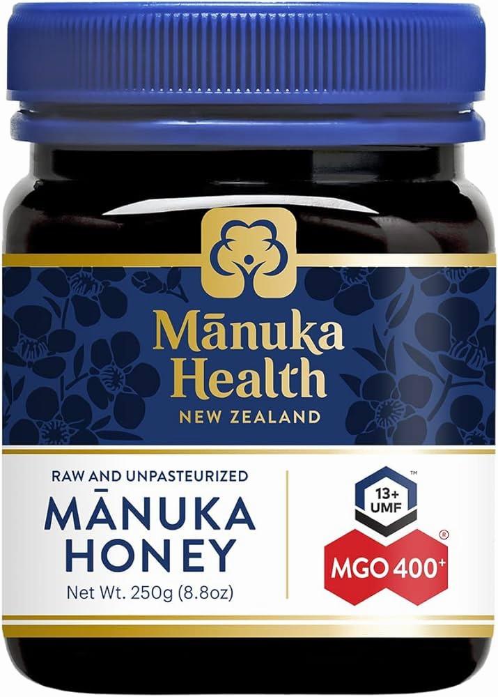A jar of Manuka Health raw and unpasteurized monofloral MGO 400+ honey.