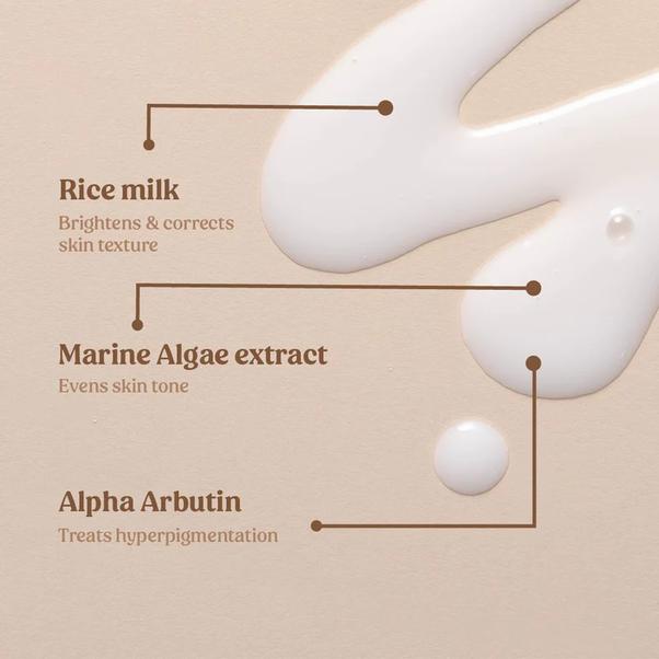 A close-up of a white cream with text overlay of its ingredients and benefits.