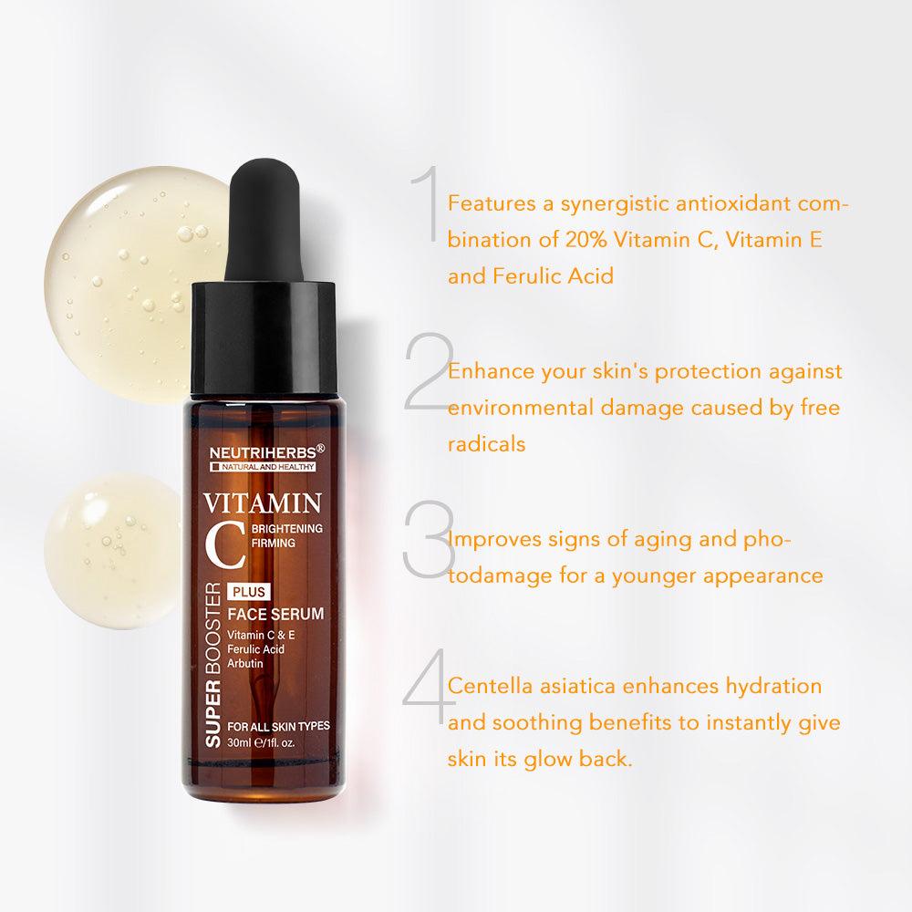 A bottle of Vitamin C Brightening Face Serum with a synergistic antioxidant combination of 20% Vitamin C, Vitamin E, and Ferulic Acid.