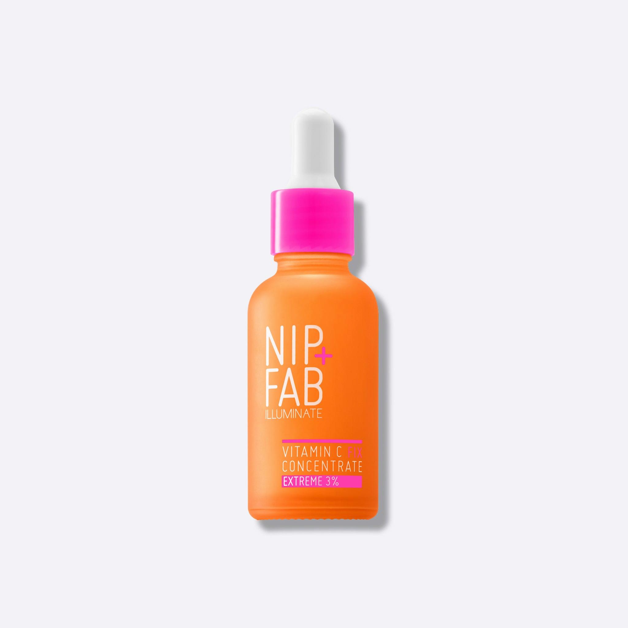 A dropper bottle of Nip+Fabs Vitamin C Fix Concentrate Extreme 3% with a pink cap and label that has white text that reads: NIP+FAB, Illuminate, Vitamin C Fix Concentrate, Extreme 3%.