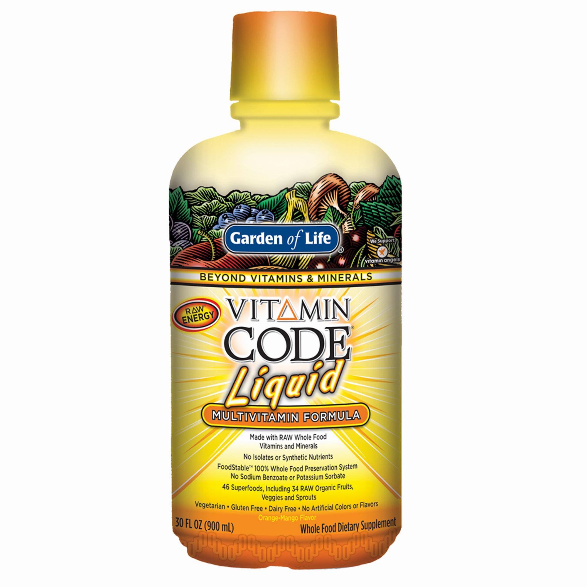 A bottle of Garden of Life Vitamin Code Liquid multivitamin in orange-mango flavor.