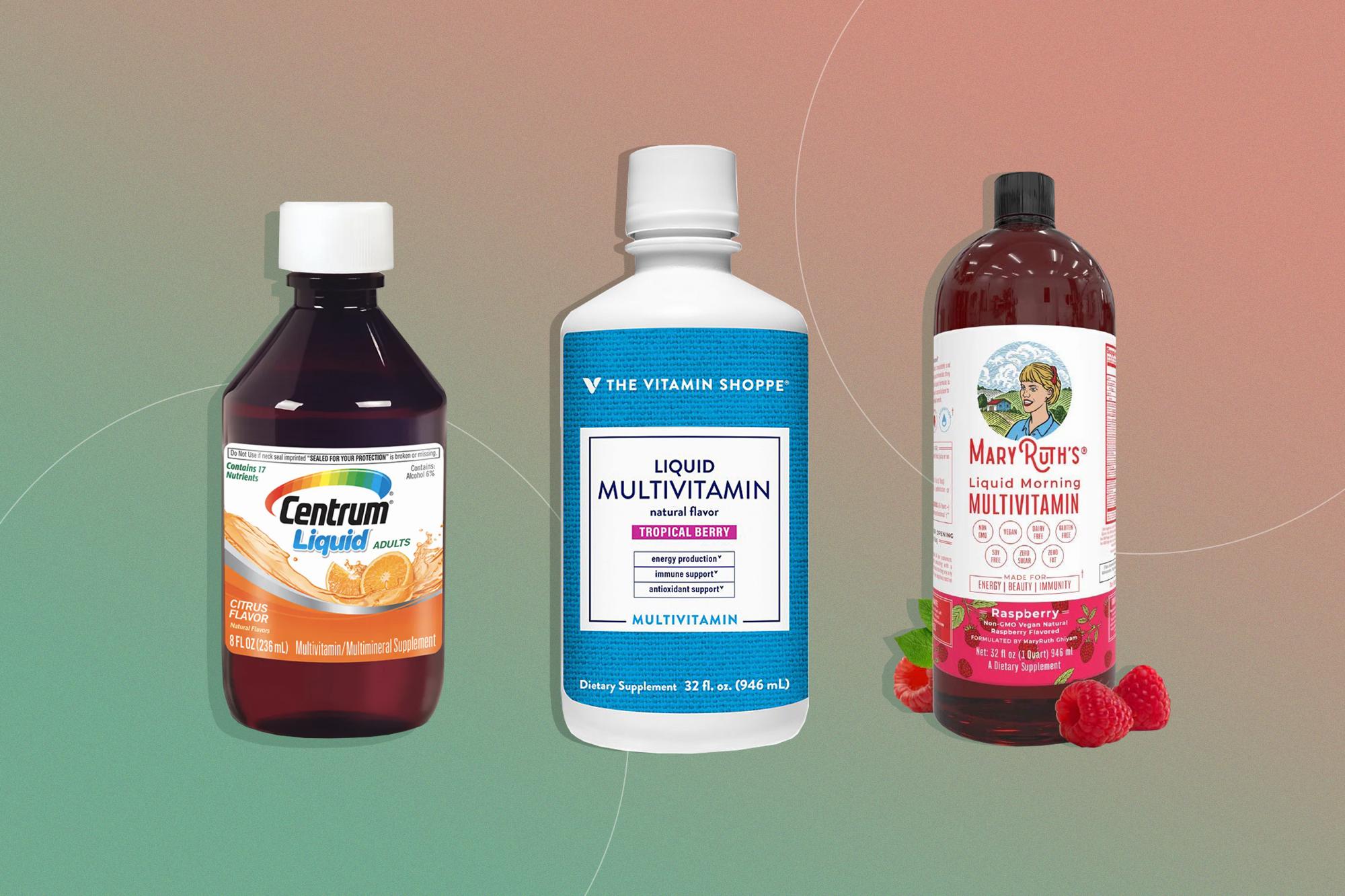 Three bottles of liquid multivitamins in citrus, tropical berry, and raspberry flavors.