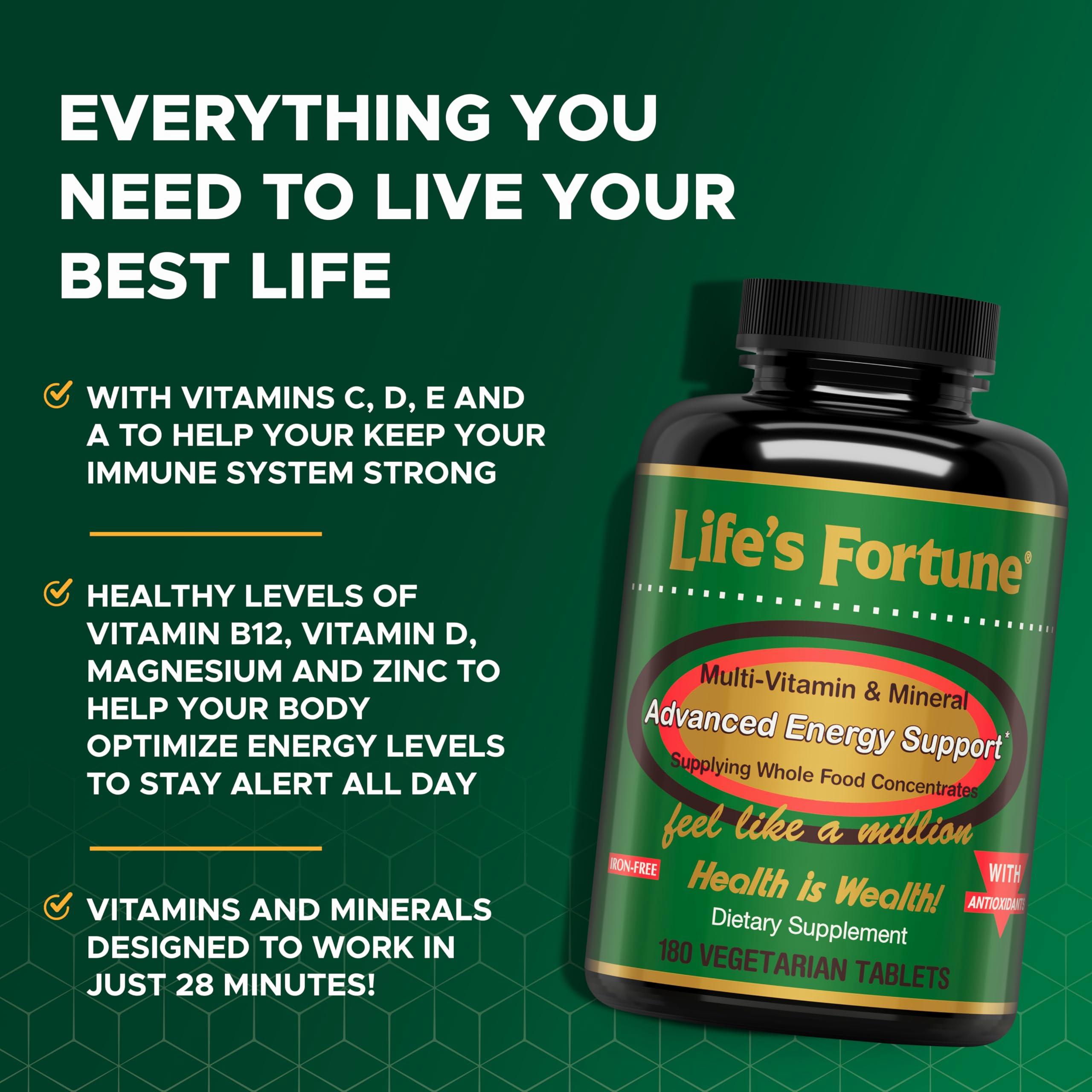 A bottle of Lifes Fortune multivitamins next to text claiming the vitamins will make you feel your best.