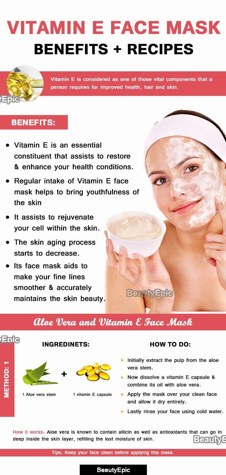 A step-by-step guide for making a face mask with vitamin E and aloe vera, with the benefits of using the mask listed on the side.