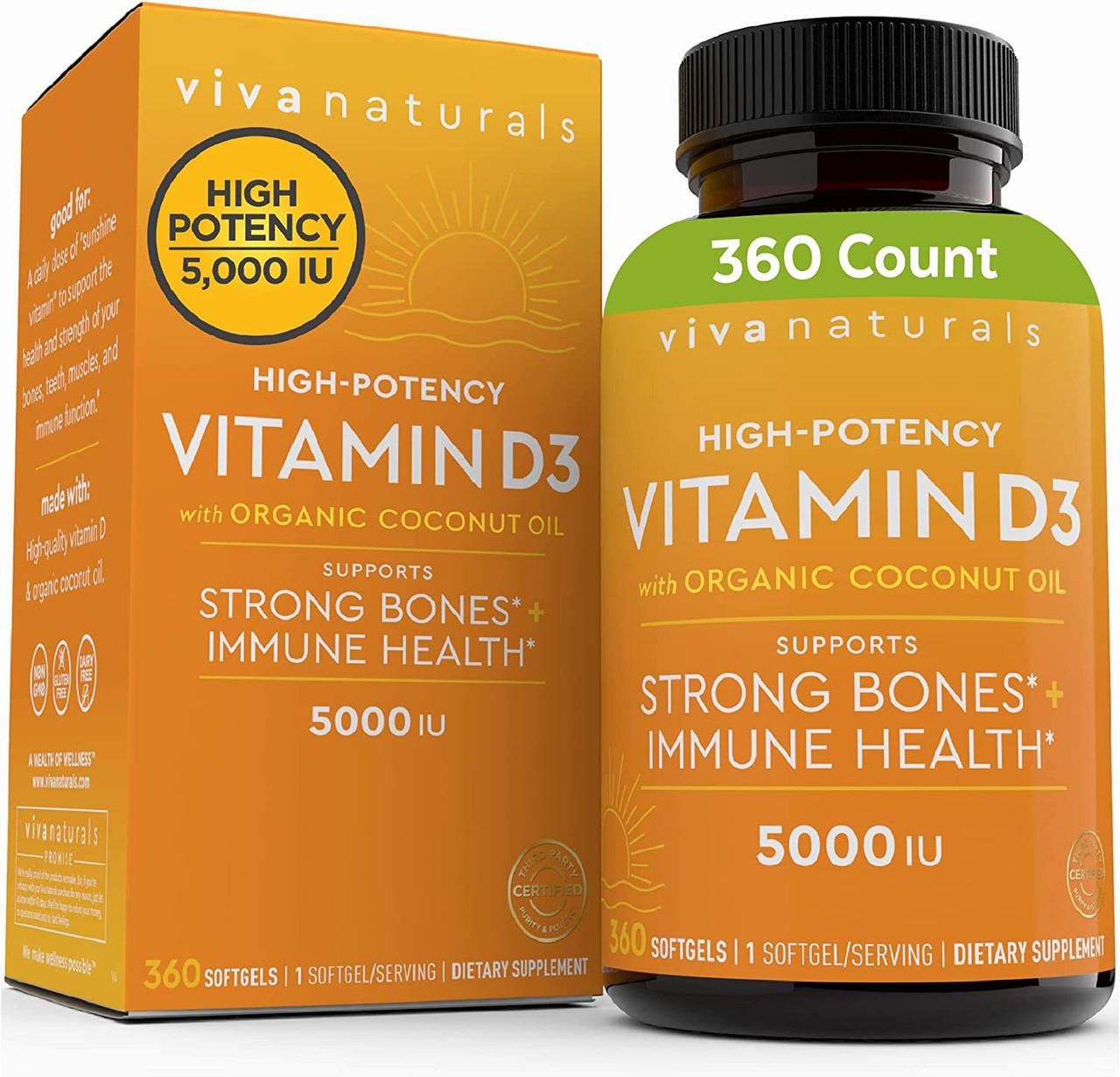 Two bottles of high-potency vitamin D3 with organic coconut oil, which supports strong bones and immune health.
