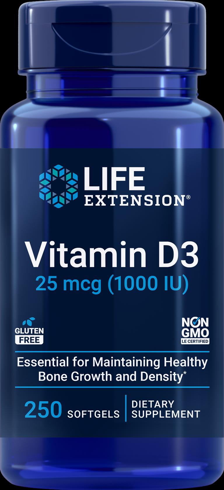 A blue bottle of Life Extension Vitamin D3 softgels.