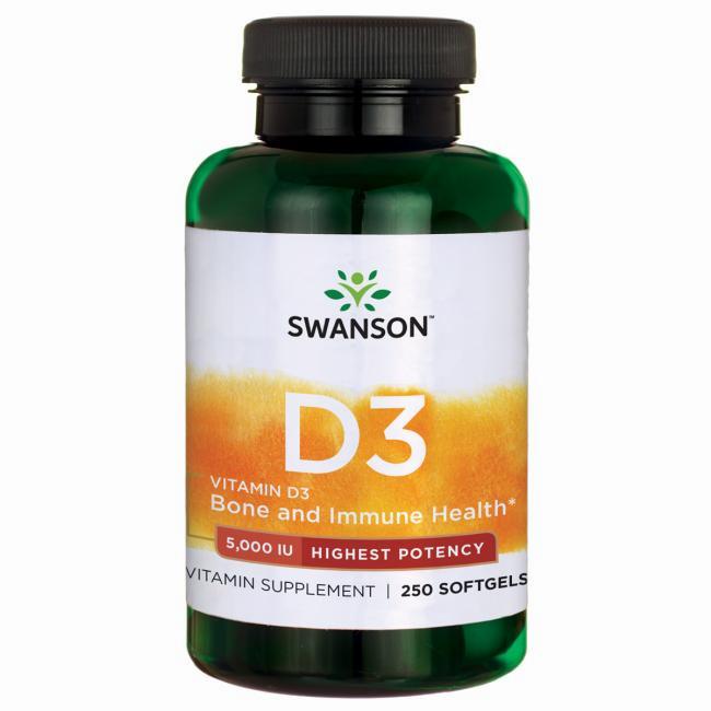 A green bottle of Swanson Vitamin D3, a dietary supplement.