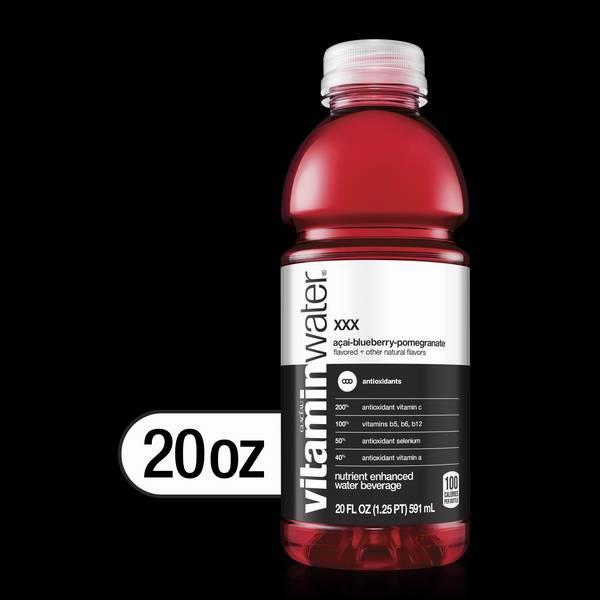 A bottle of Vitamin Water XXX, a nutrient-enhanced water beverage flavored with acai, blueberry, and pomegranate.