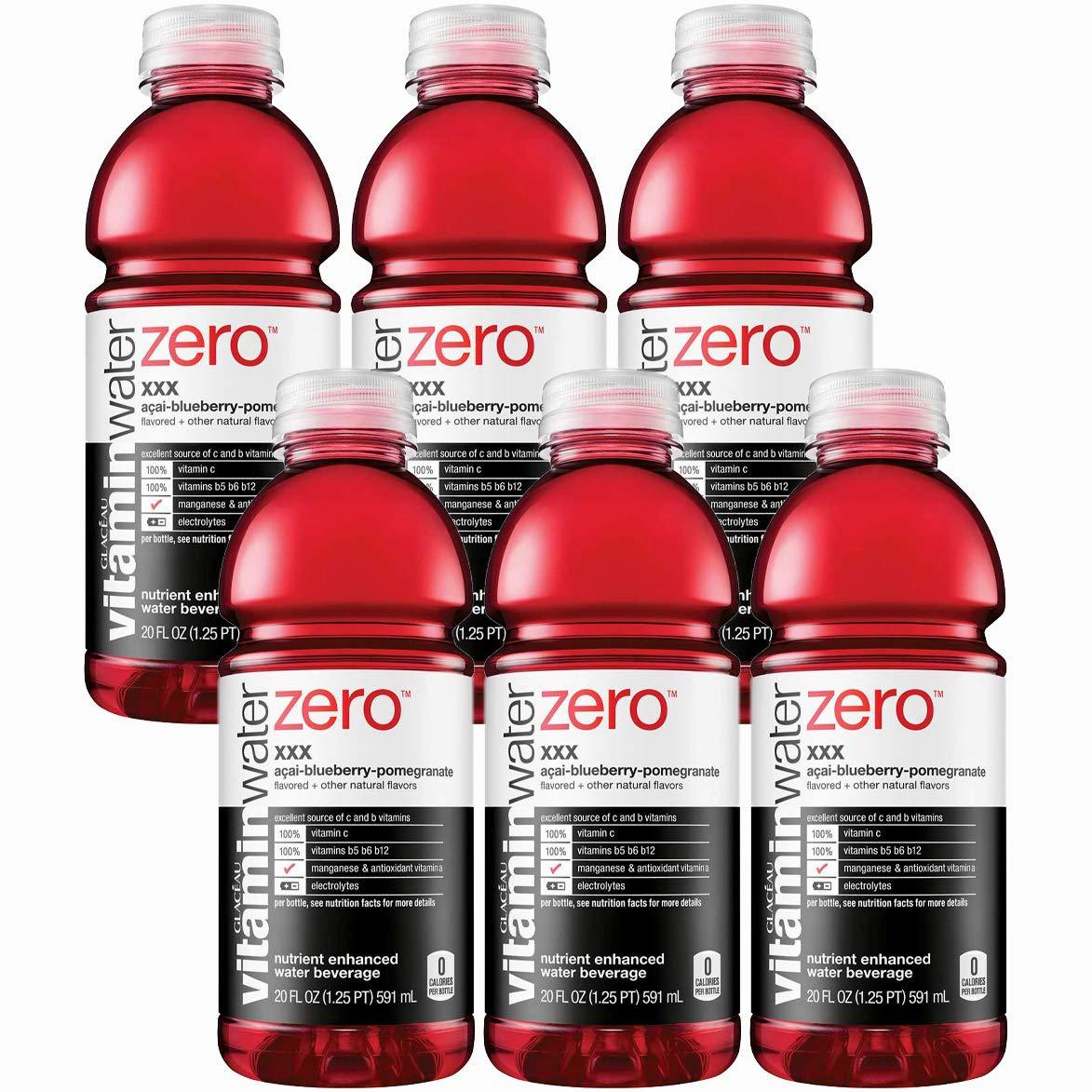 A pack of six bottles of Vitamin Water Zero in the flavor acai-blueberry-pomegranate.