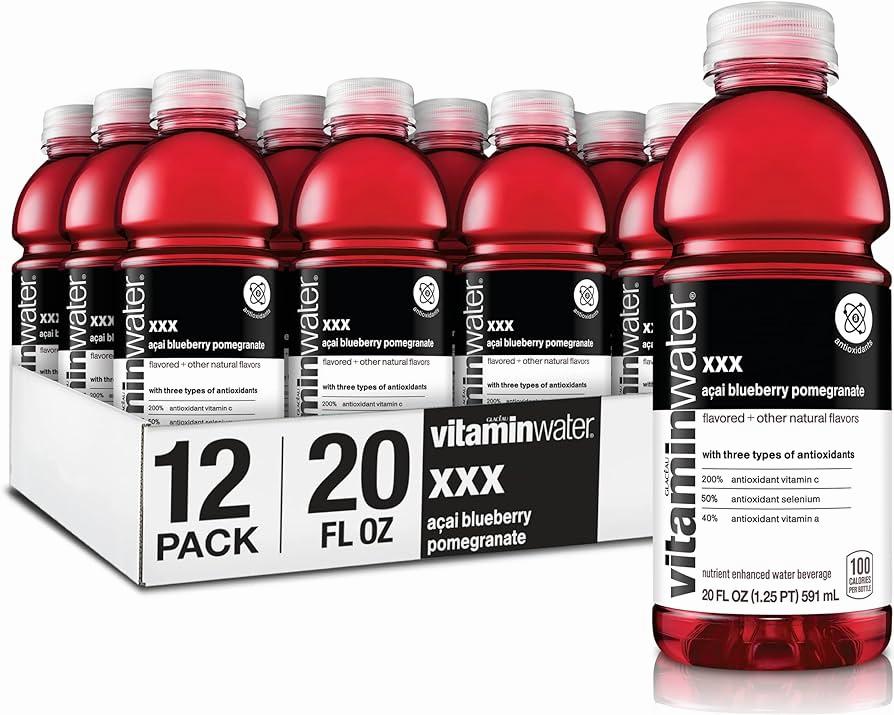 A pack of 12 bottles of Vitamin Water XXX Acai Blueberry Pomegranate flavored water.
