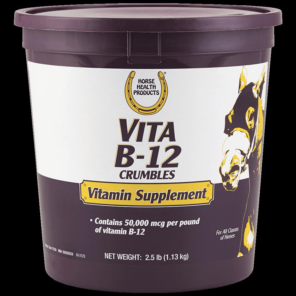 A purple tub of Vitamin B-12 crumbles, a vitamin supplement for horses.