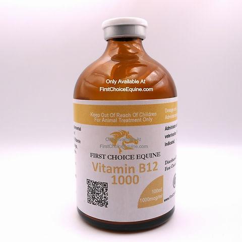 A brown glass bottle of First Choice Equine Vitamin B12, a treatment for animals.