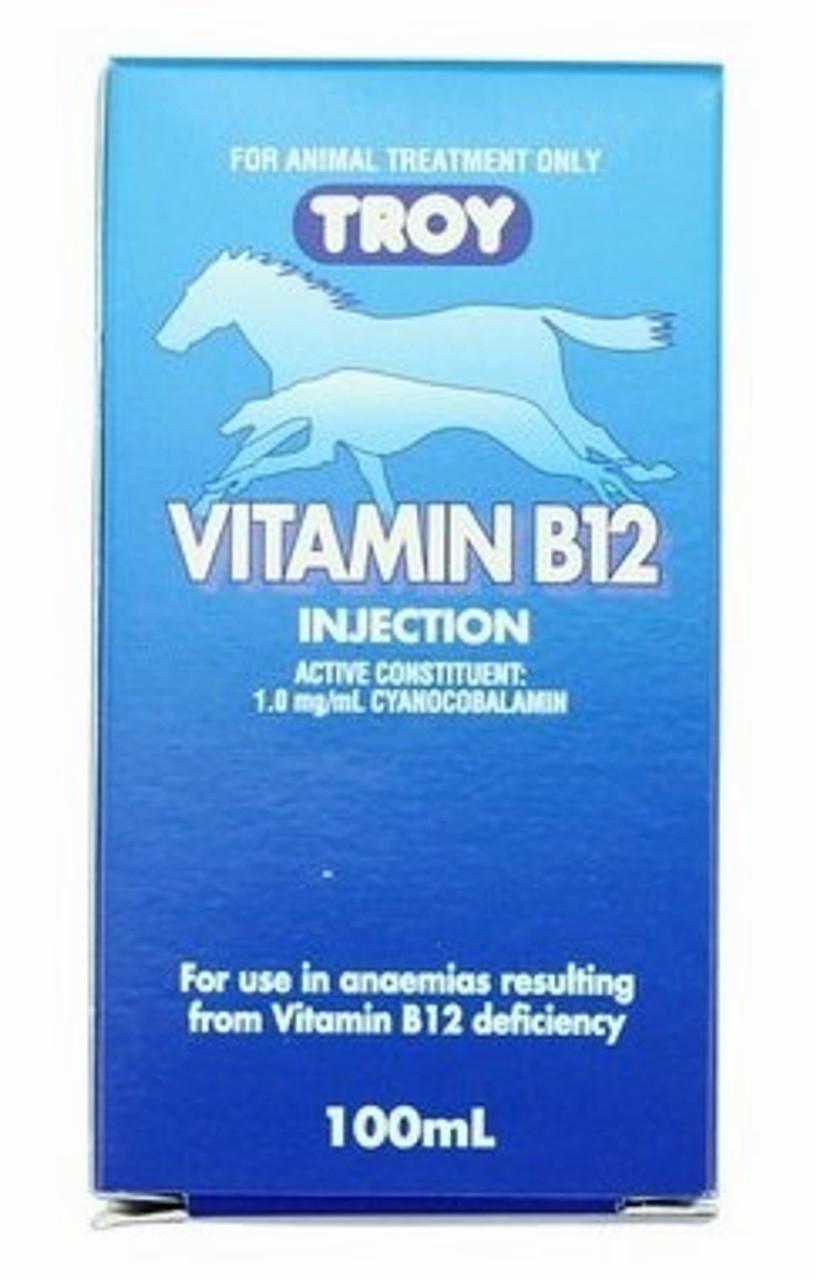 A blue and white box of Troy Vitamin B12 Injection for animal treatment only.