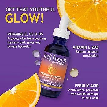 A bottle of Vitamin C serum with the label [re]fresh Skin Therapy, surrounded by sliced oranges.