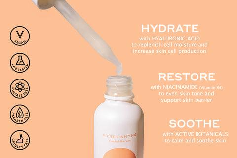 This image shows a bottle of facial serum with text overlayed that lists the benefits of the product.