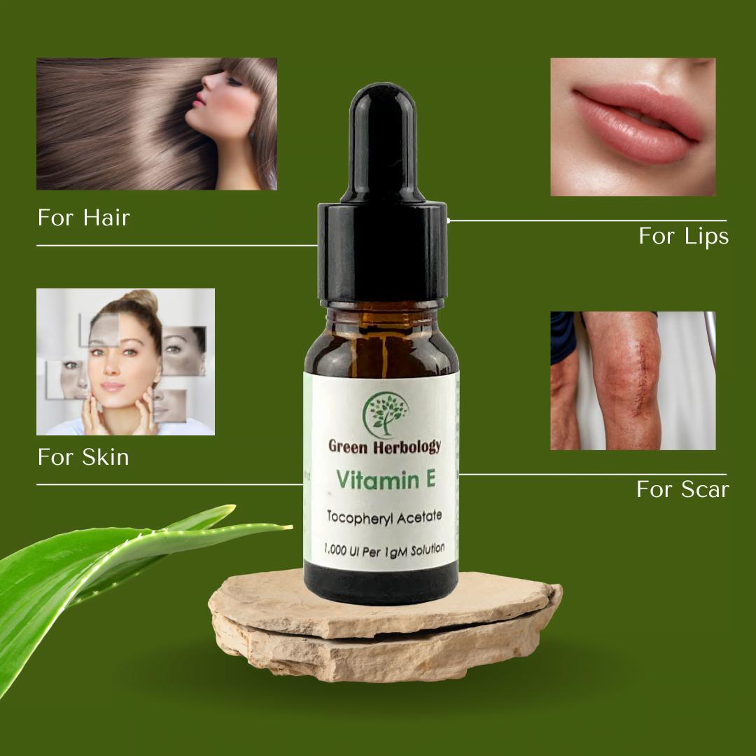 A brown bottle of Green Herbology Vitamin E oil with a dropper, text overlay says its for hair, skin, lips, and scars.