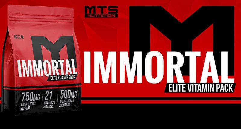 A red and black image shows a bag of Immortal Elite Vitamin Pack next to the Immortal logo.