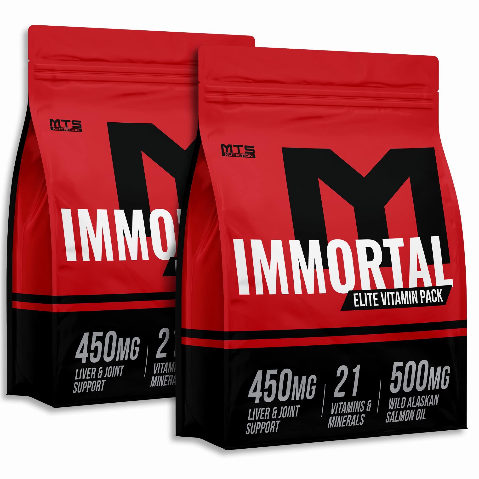 Two red bags of Immortal Elite Vitamin Pack, each with black text and a black logo of a Y with a circle around it.