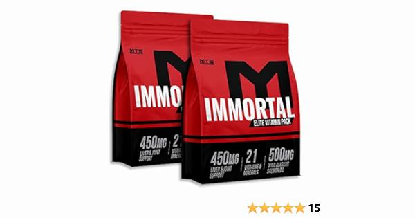 Two red bags of Immortal Elite Vitamin Pack with black text and a white M logo.