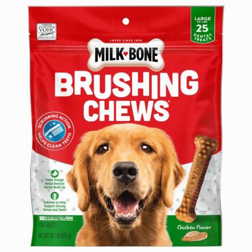 A red bag of Milk-Bone Brushing Chews chicken-flavored dog treats.
