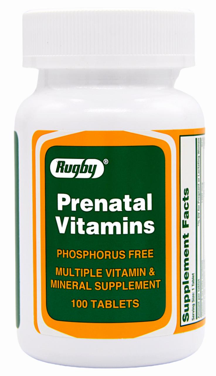 Rugby Prenatal Vitamins are phosphorus-free and contain multiple vitamins and minerals.