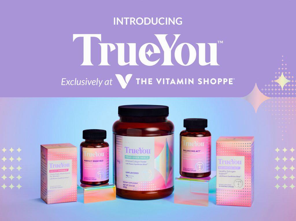 A range of TrueYou vitamin supplements in packaging, with a logo and slogan.