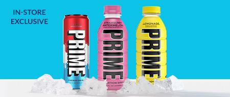 Three bottles of Prime Hydration Drink in the flavors Blue Raspberry, Strawberry Watermelon, and Lemon Lime.