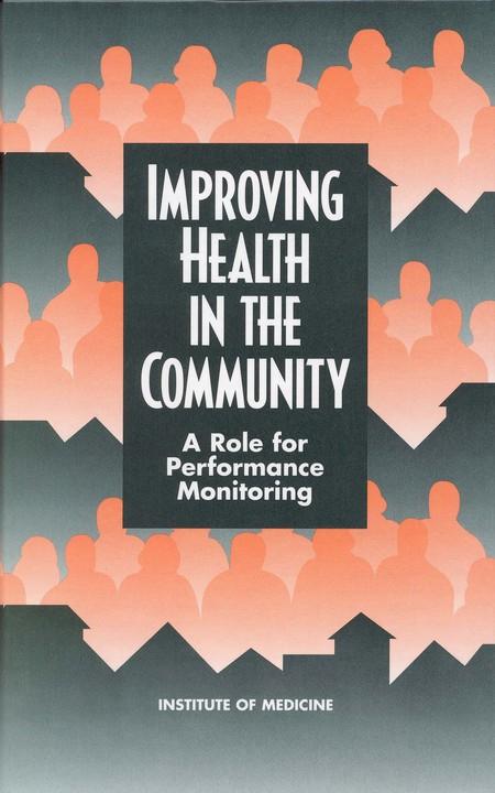 A book cover with dark grey background and silhouettes of people in light pink, with the title Improving Health in the Community.