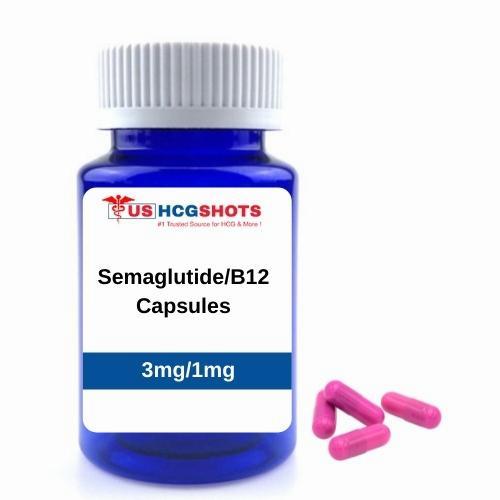 A blue and white bottle of Semaglutide/B12 capsules.