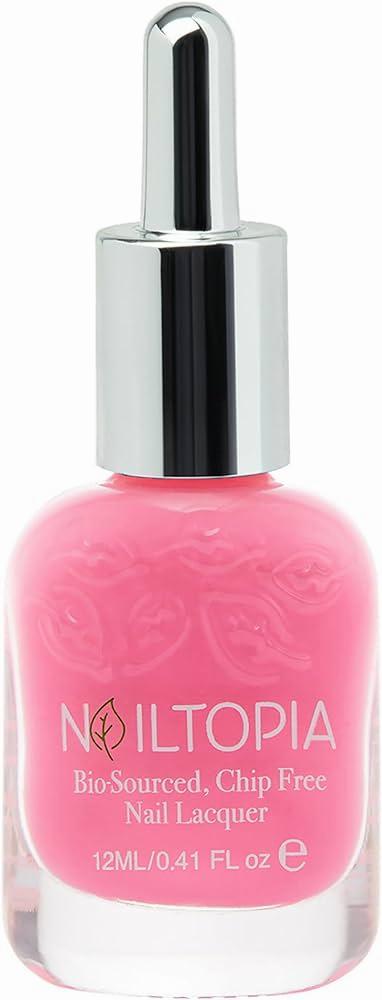 A bottle of pink nail polish with a silver cap.