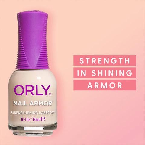 A bottle of Orly Nail Armor Strengthening Basecoat nail polish with a purple cap.