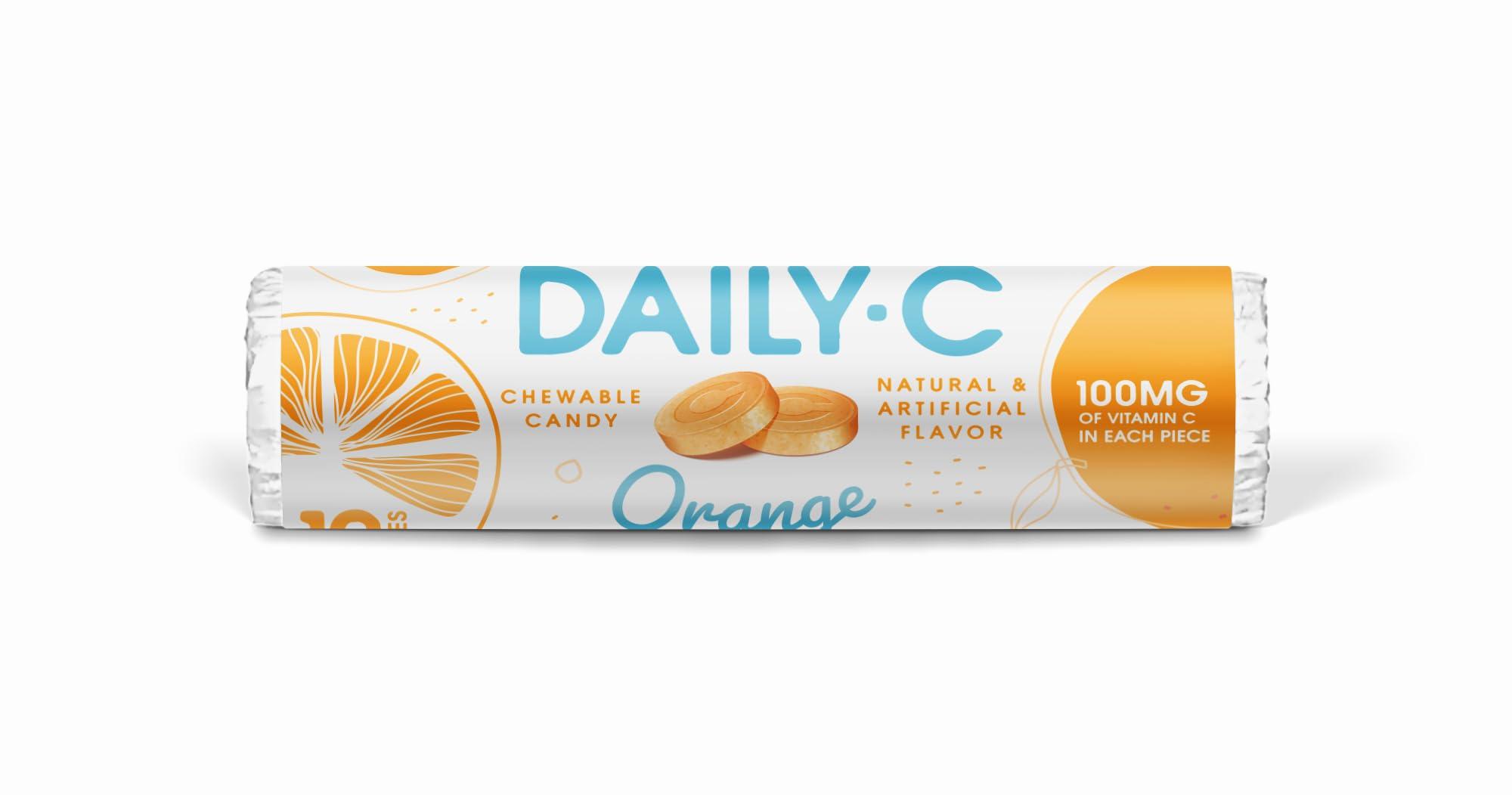 A white and orange wrapper for a chewable vitamin C candy.