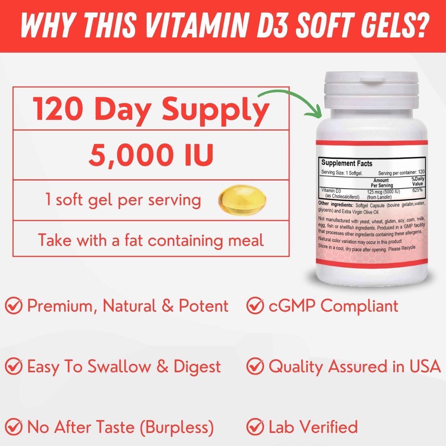 A bottle of Vitamin D3 softgels with 5000IU per serving and a 120-day supply.