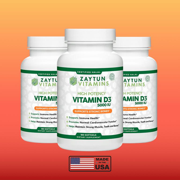 Three bottles of Zaytun Vitamins Vitamin D3, a halal supplement that supports strong bones, teeth, and muscles, promotes normal cardiovascular function, and supports immune health.