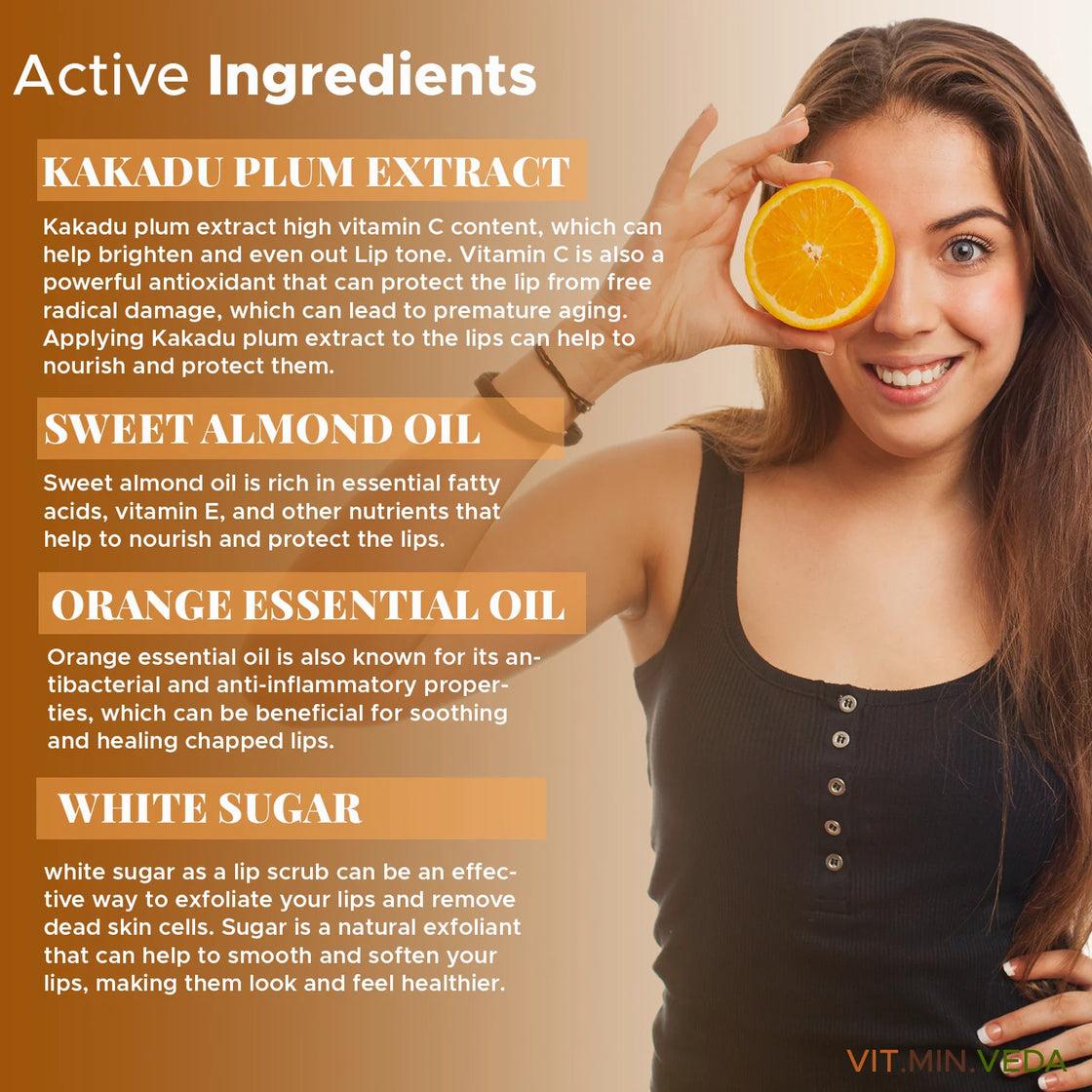 A woman holding an orange peel to her lips with text overlay of the active ingredients in a lip scrub.