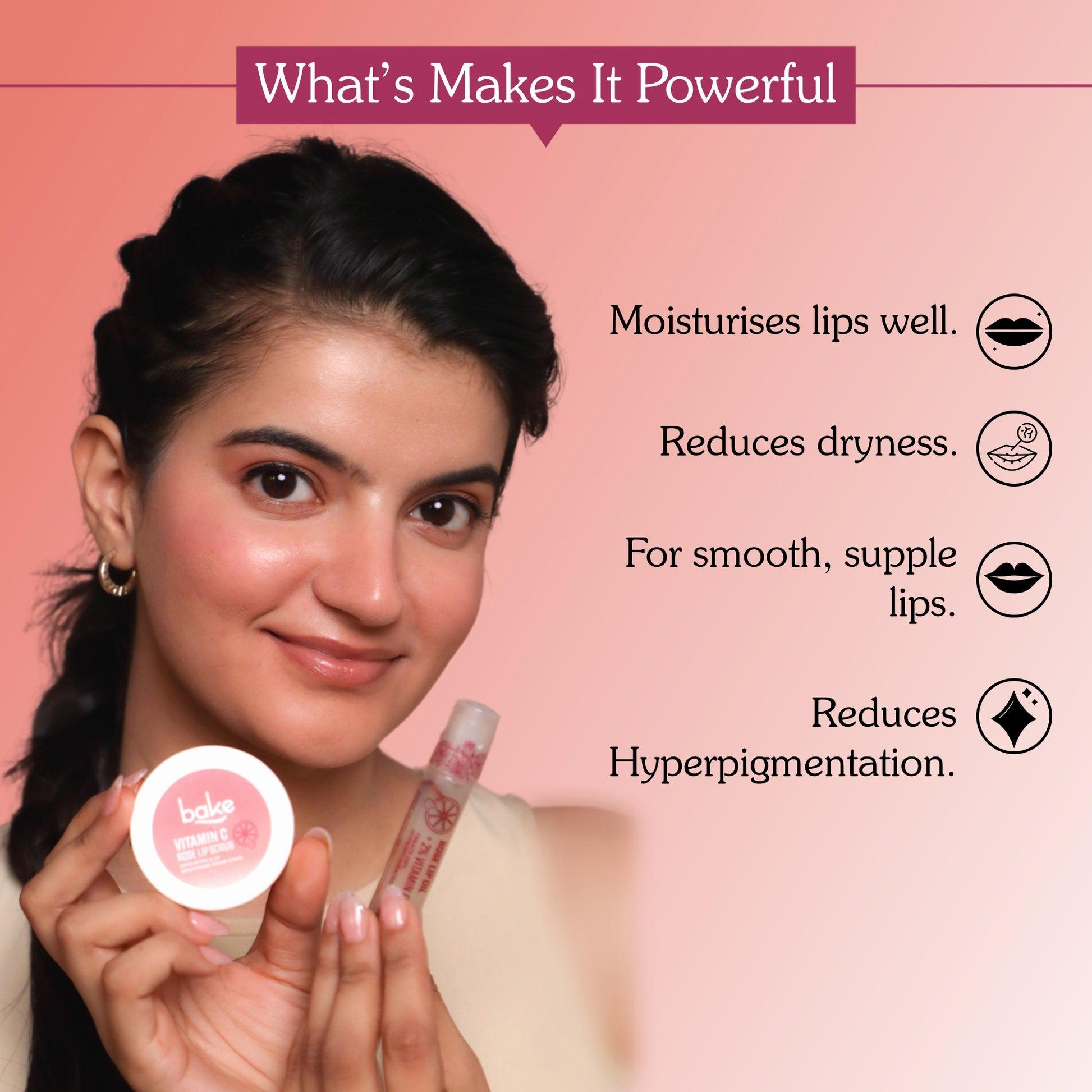 A young woman with dark hair and light makeup holds a small pink jar of lip scrub and four icons show the benefits of using it.