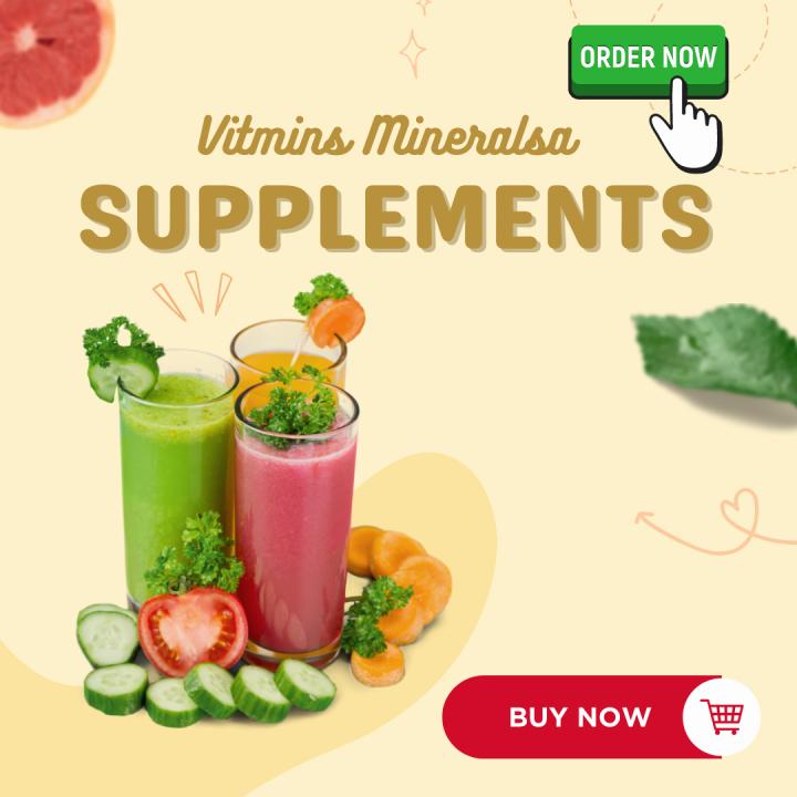 Three glasses of colorful juice are in front of the text Vitamins, Minerals, Supplements with two buttons below that say Order Now and Buy Now.