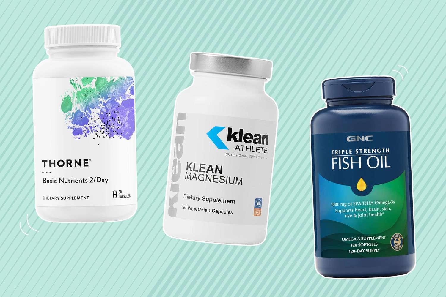 Three bottles of supplements, Thorne Basic Nutrients 2/Day, Klean Athlete Magnesium, and GNC Triple Strength Fish Oil.