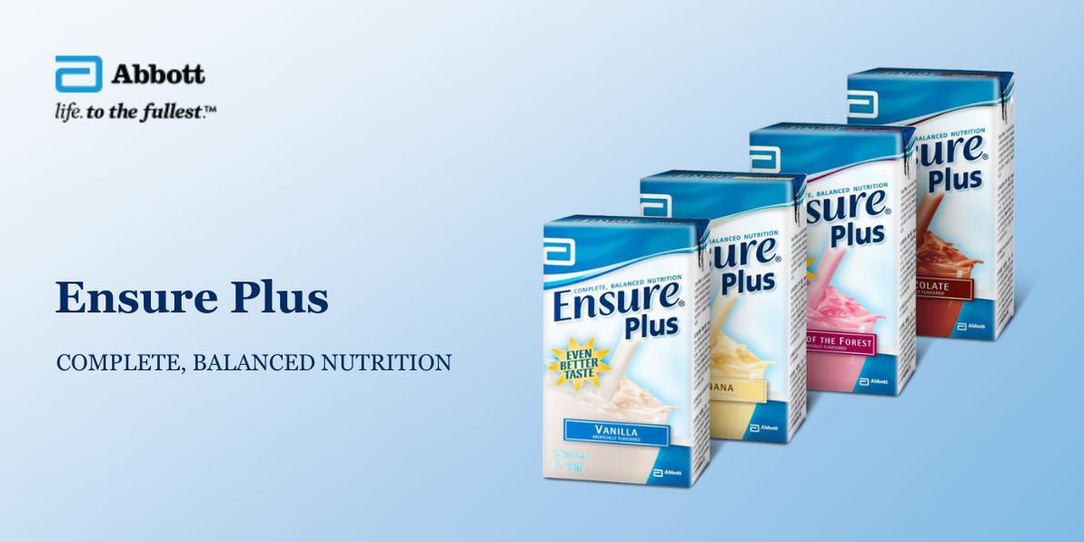 A product shot of three Ensure Plus nutrition drinks in different flavors: vanilla, chocolate, and strawberry.