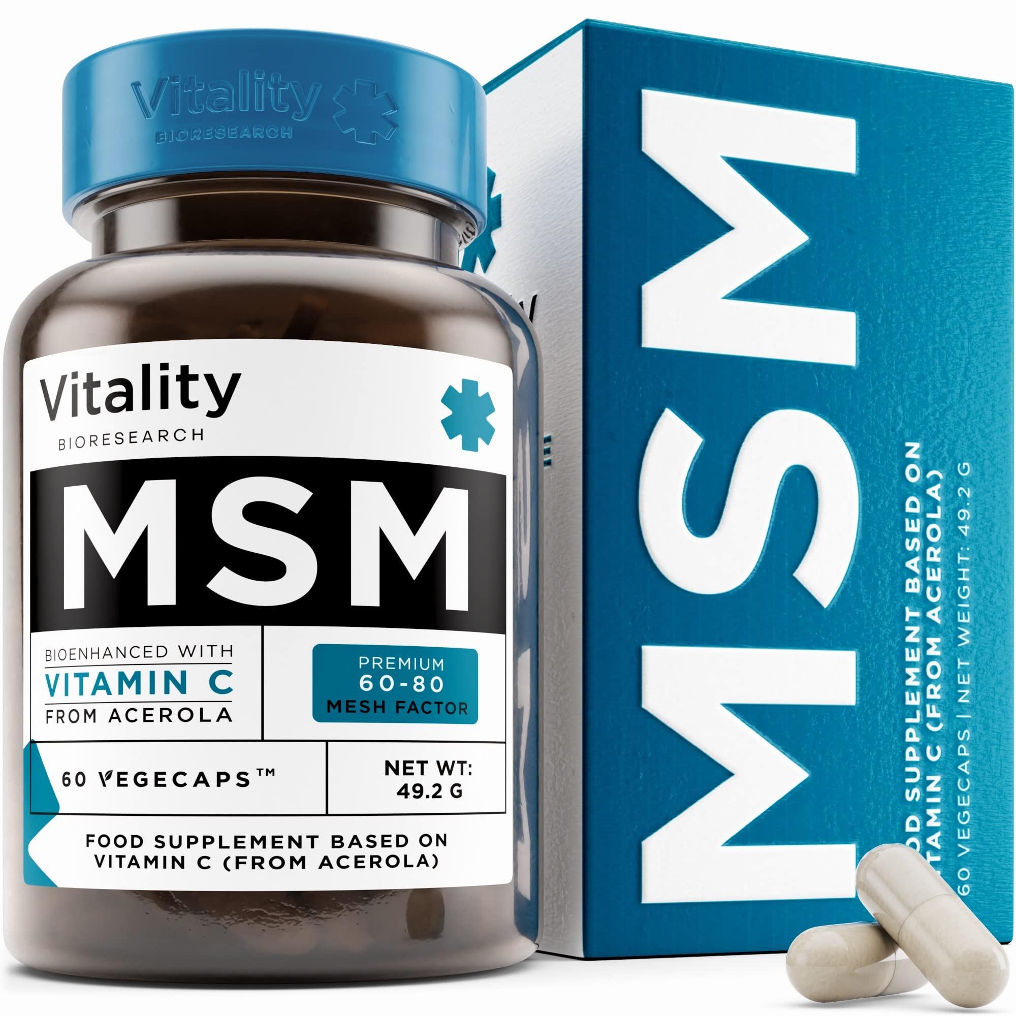 A bottle of MSM capsules next to its box.